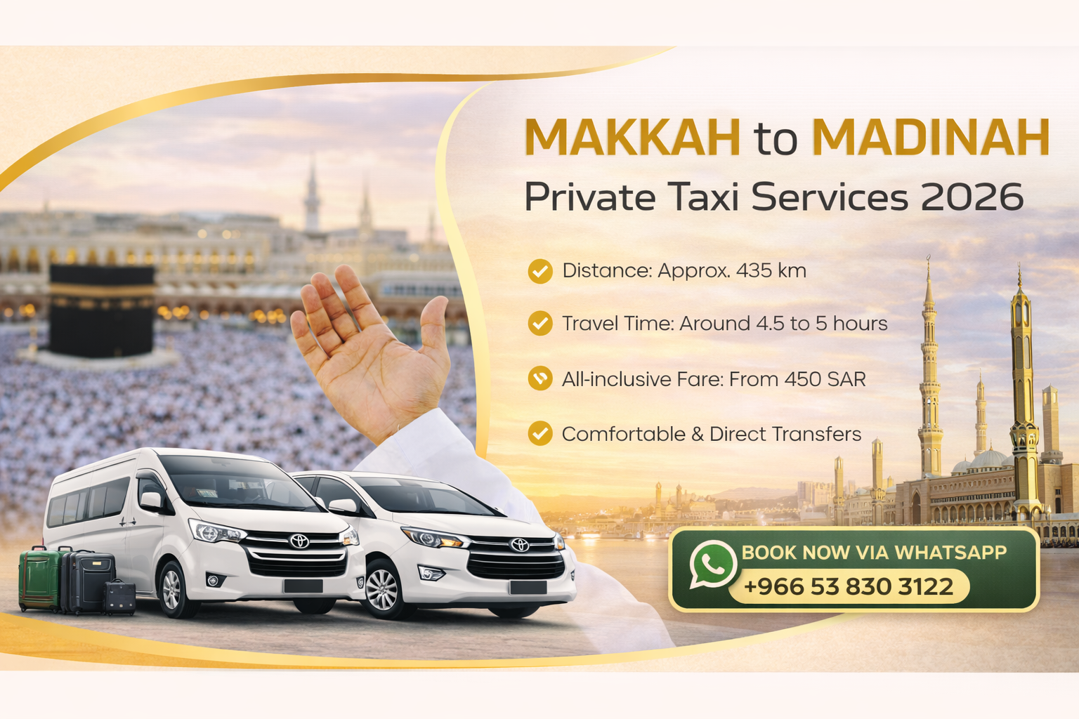 Makkah to Madinah private taxi service 2026 by Flyer Umrah Taxi with fixed fare, AC vehicles and direct transfers